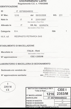 Scheda di tracciabilità fornita dal mattatoio CEE